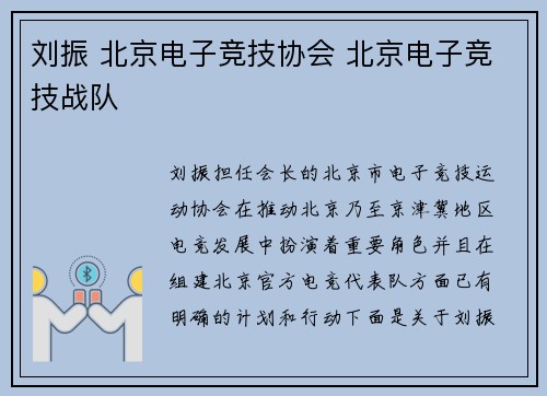 刘振 北京电子竞技协会 北京电子竞技战队